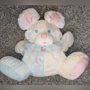 Vintage Puffalump Mouse Plush Fisher Price 1988 10" White Pink Blue Baby Rattle